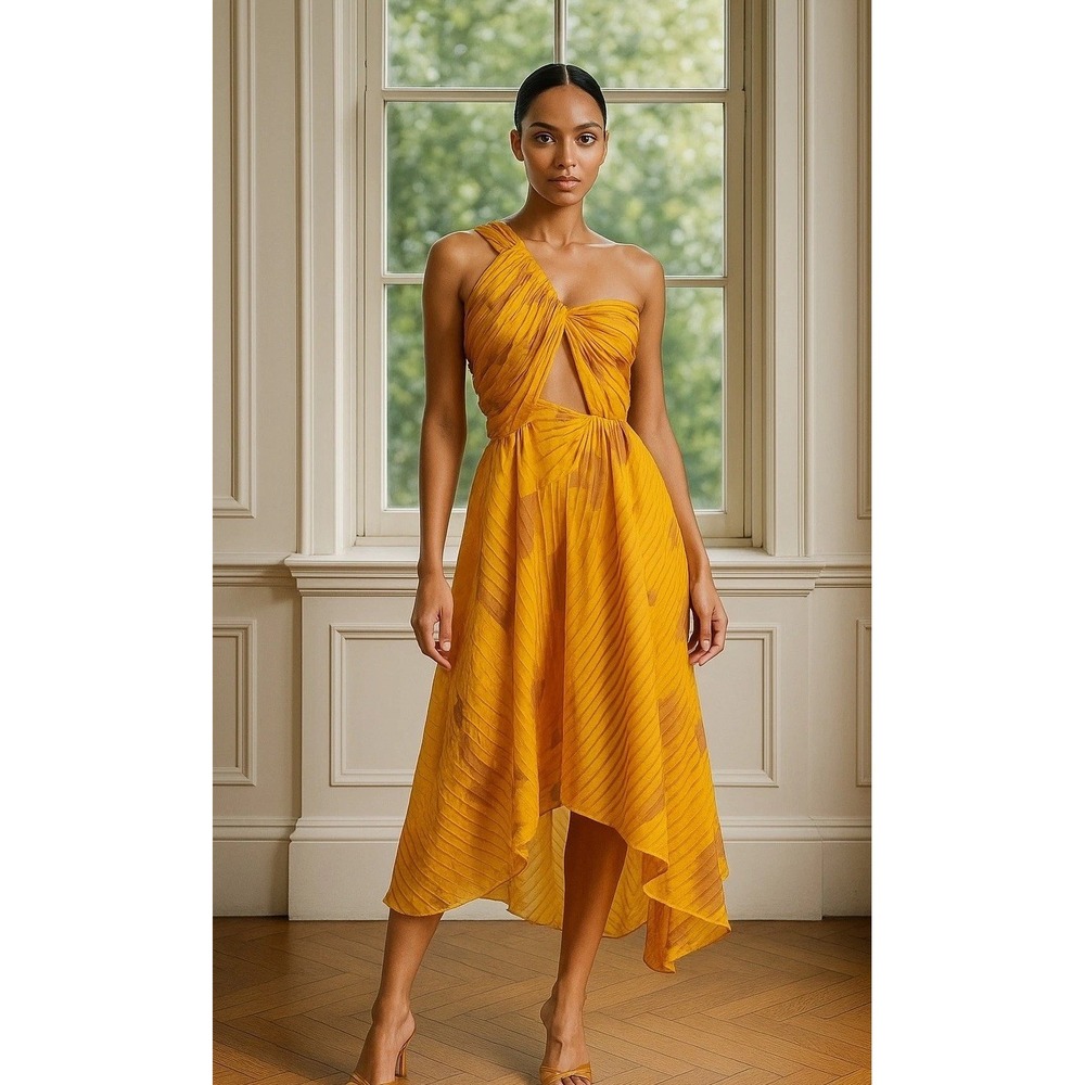 Isi Brown Dress women Medium Yellow Pleated One Shoulder Cutout Asymmetric Midi